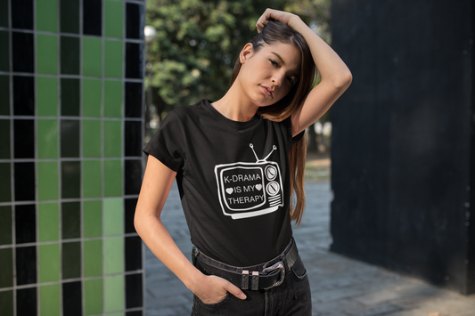 woman wearing t shirt that says k drama is my therapy