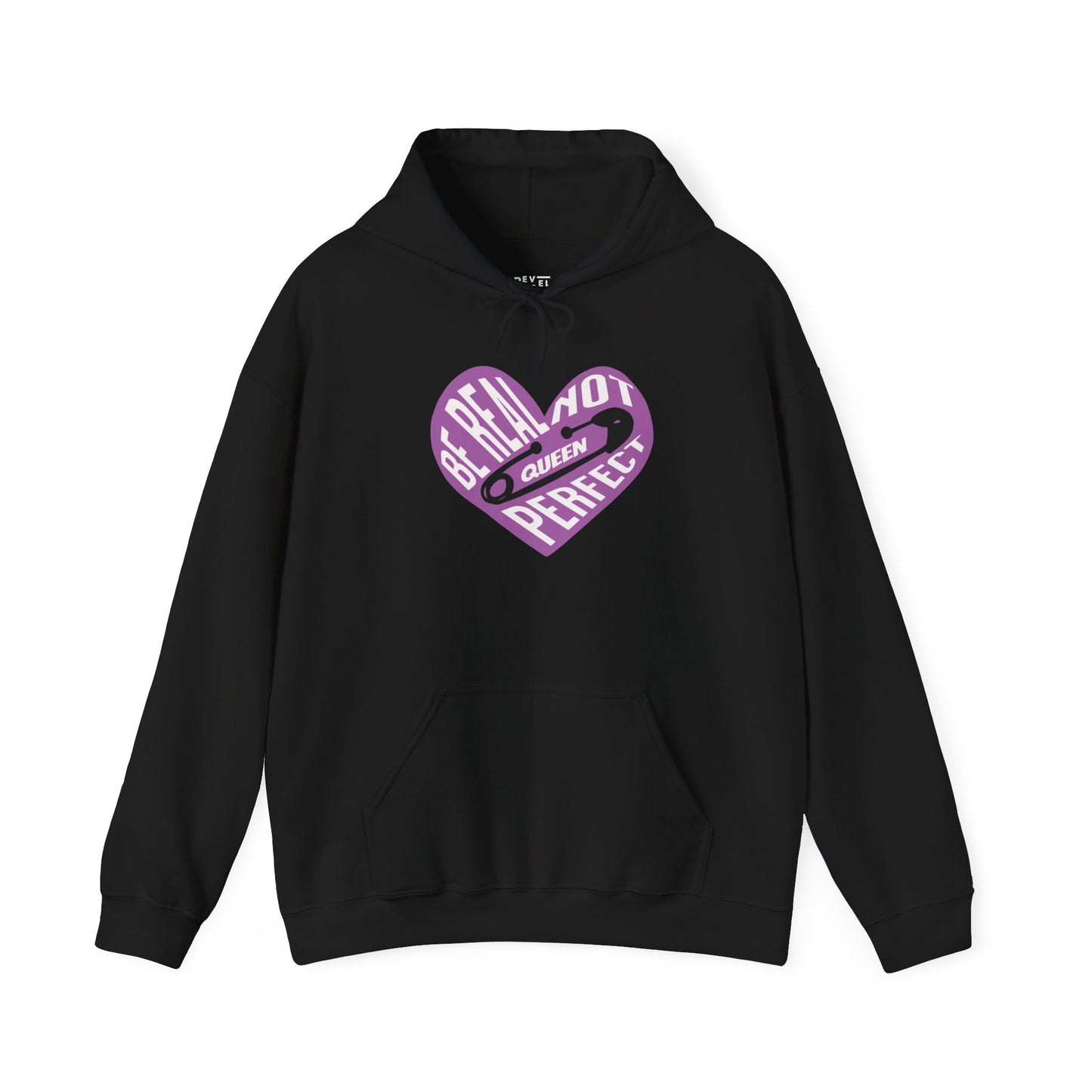 be-real-not-perfect-queen-hoodie-closeup-black