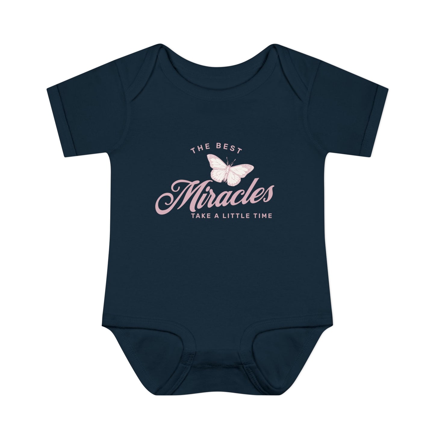 best-miracles-take-time-baby-onesie-navy