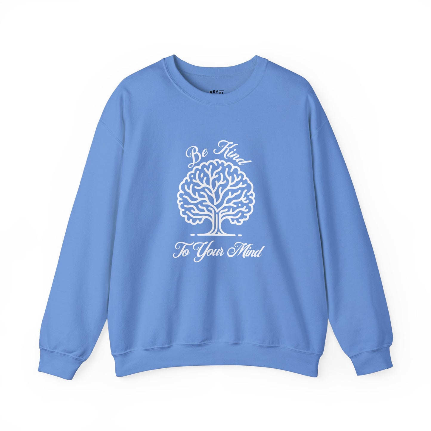 crewneck-sweatshirt-be-kind-to-your-mind-shirt-closeup-blue