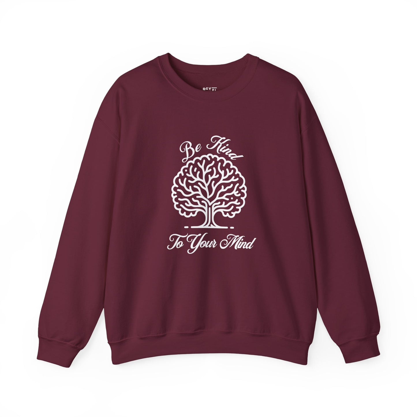 crewneck-sweatshirt-be-kind-to-your-mind-shirt-closeup-maroon