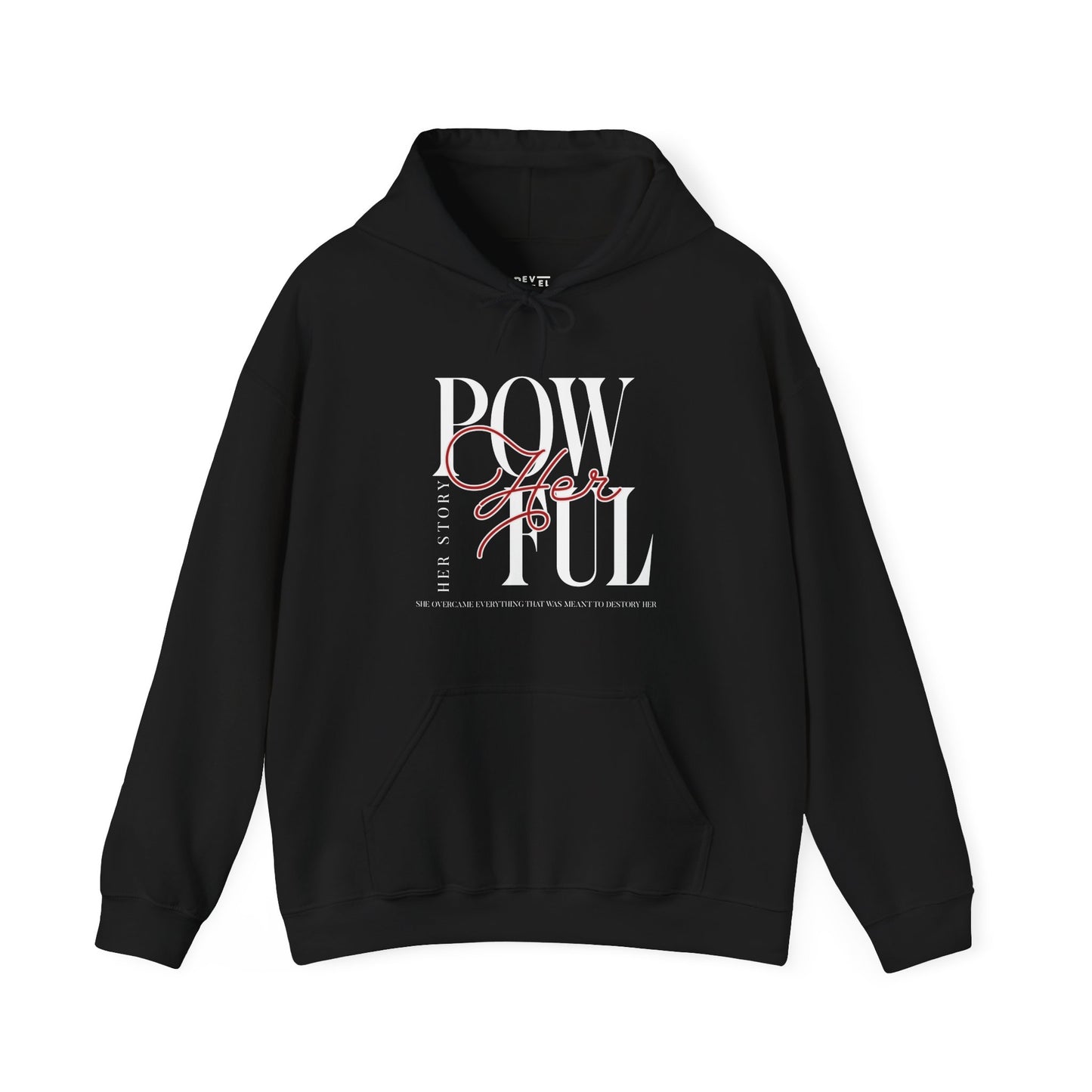 front-of-woman-hoodie-pow-herful-her-story-closeup-black