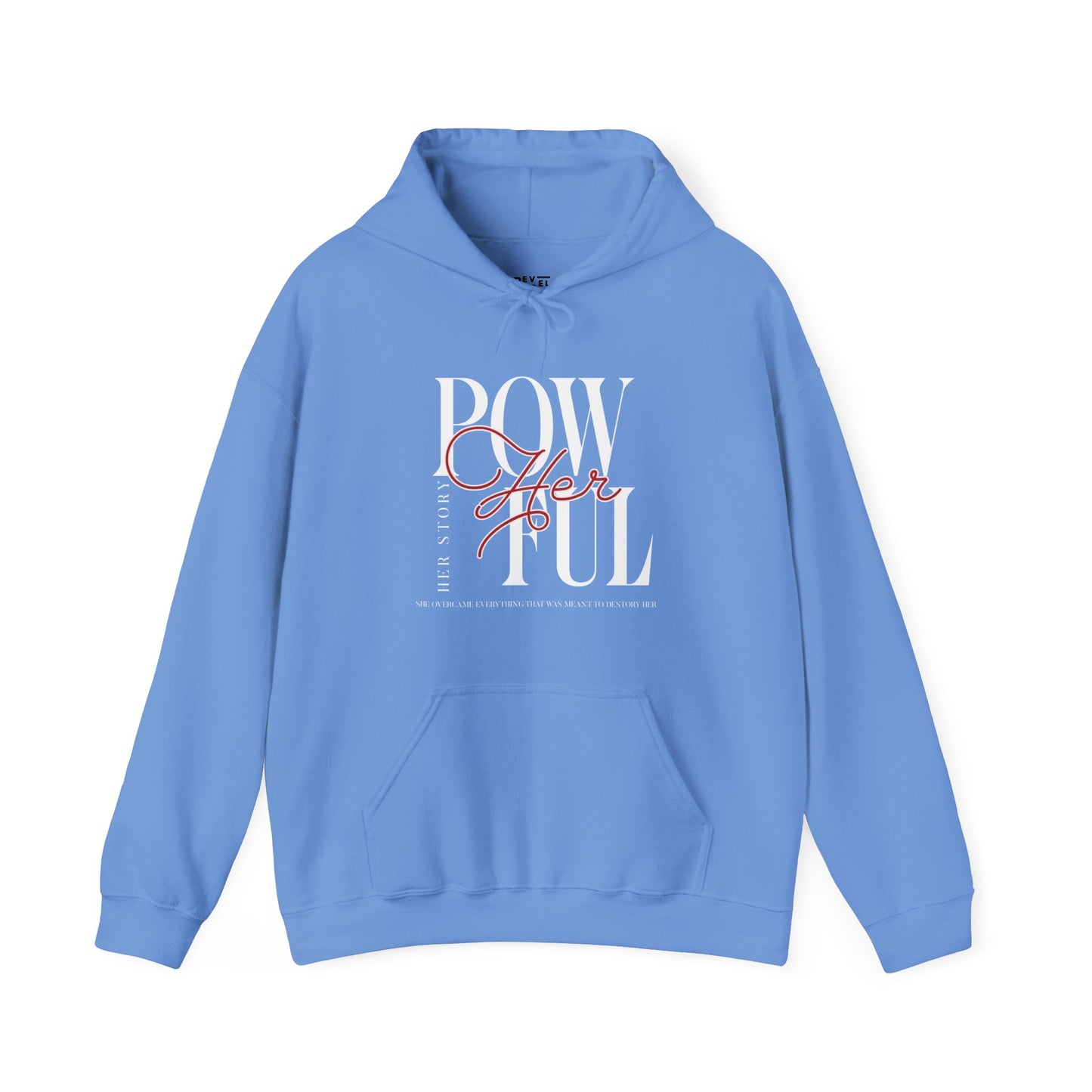 front-of-woman-hoodie-pow-herful-her-story-closeup-blue