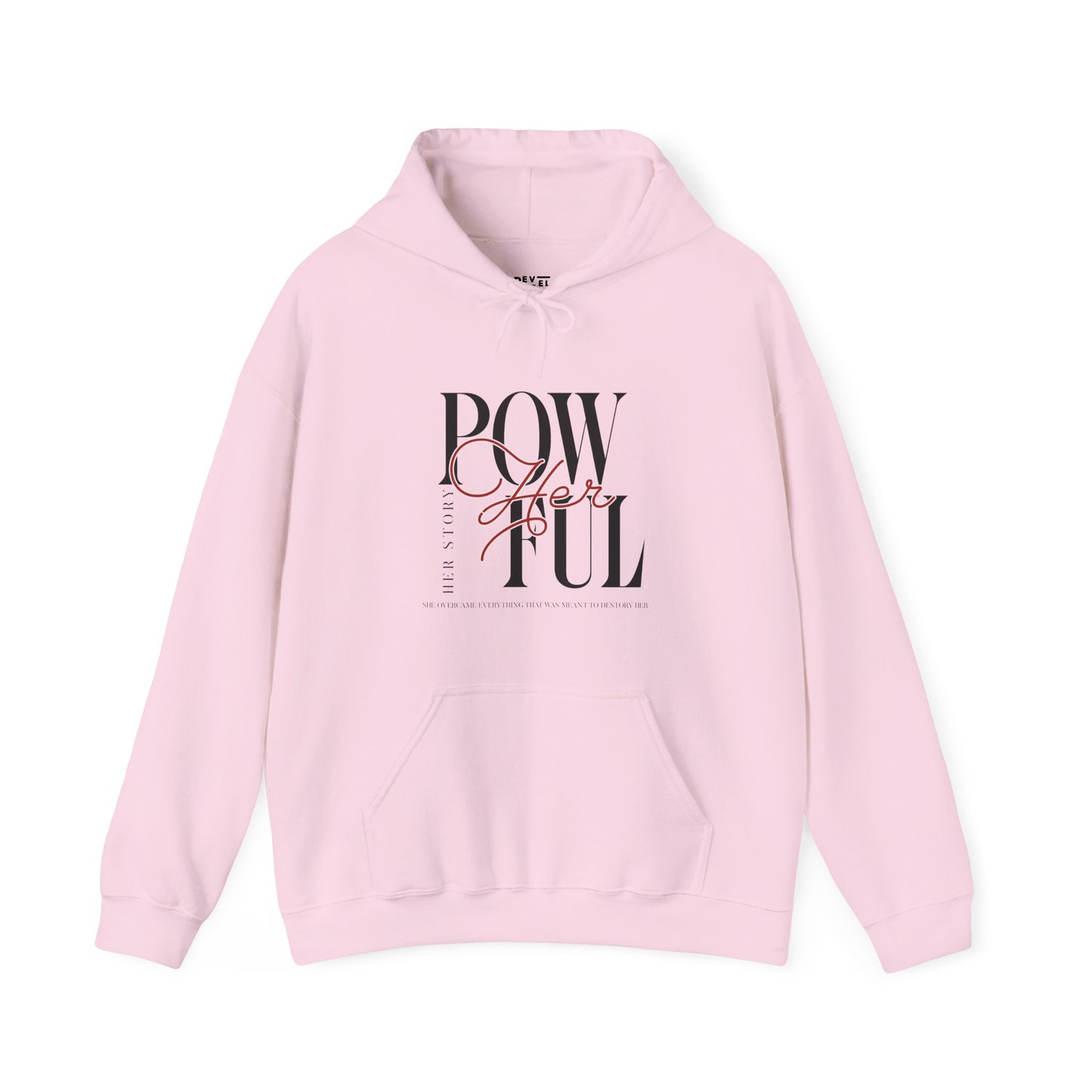 front-of-woman-hoodie-pow-herful-her-story-closeup-pink