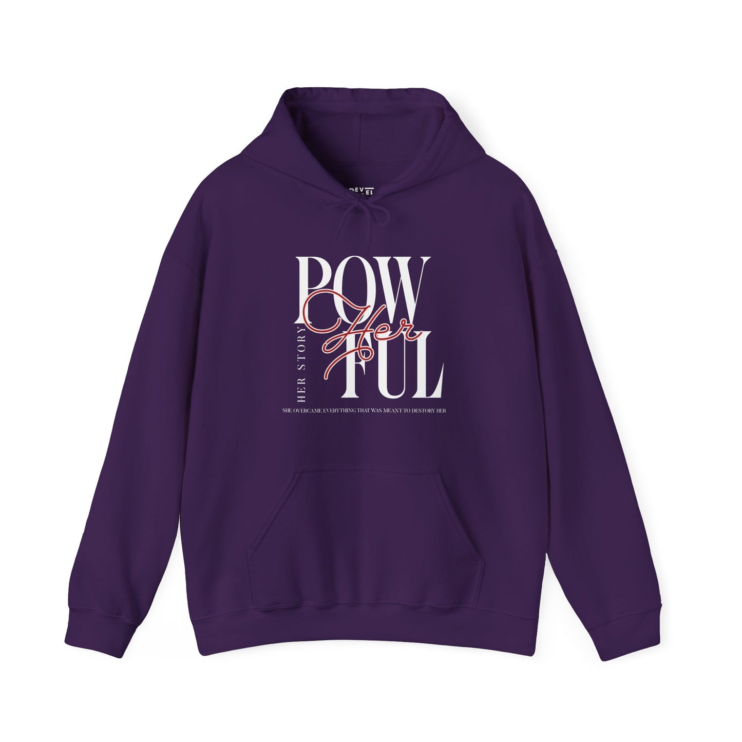 front-of-woman-hoodie-pow-herful-her-story-closeup-purple