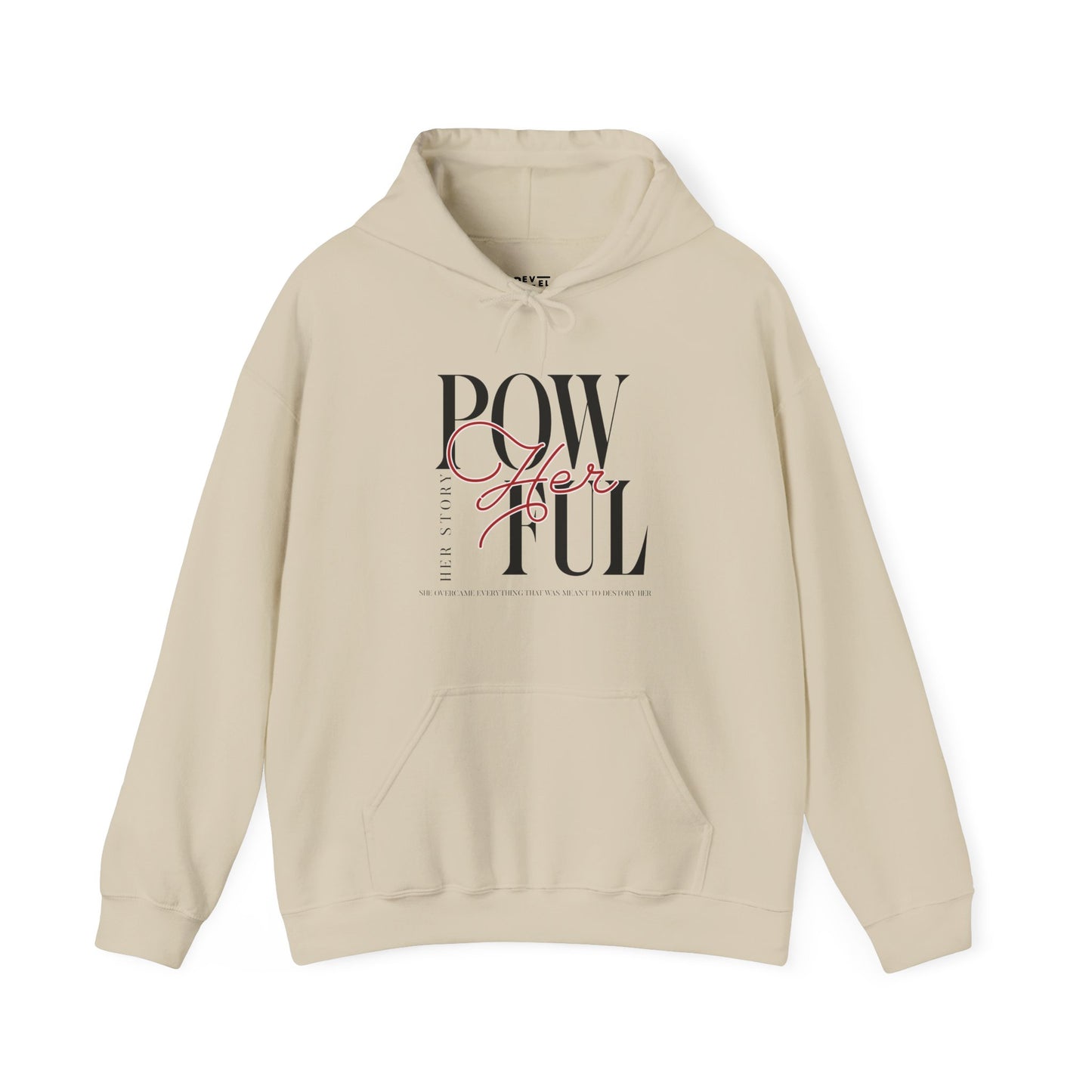 front-of-woman-hoodie-pow-herful-her-story-closeup-sand