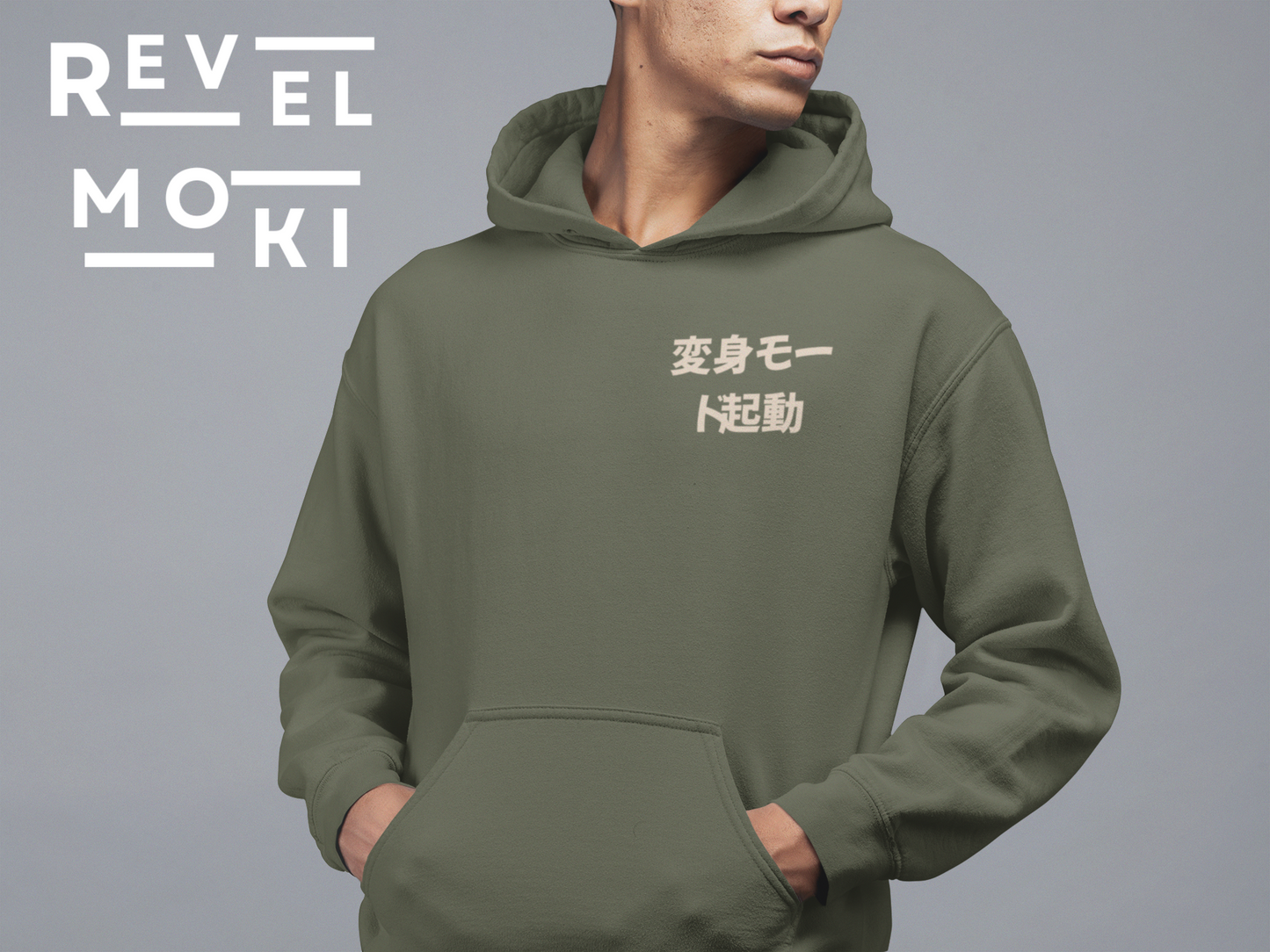 front-view-mockup-featuring-a-man-in-a-hoodie-with-anime-henshin-designs-military-green