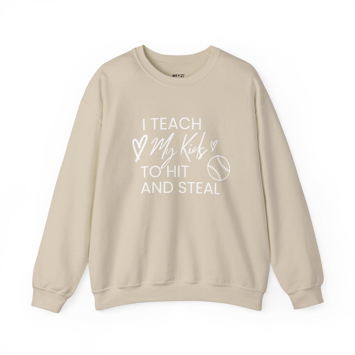 i-teach-my-kids-to-hit-and-steal-baseball-mom-sweatshirt-closeup-sand