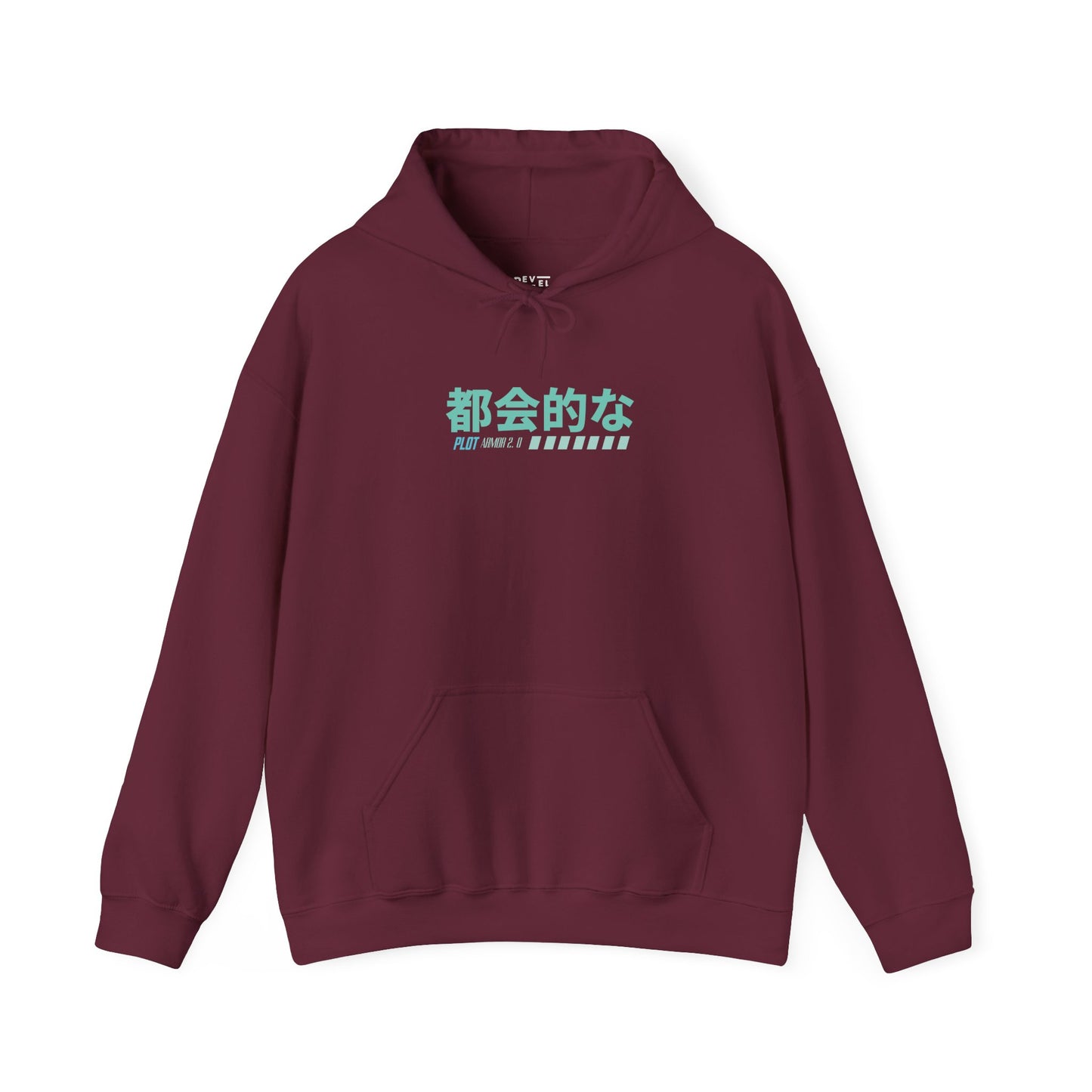 japanese-anime-plot-armor-mens-hoodie-front-closeup-maroon