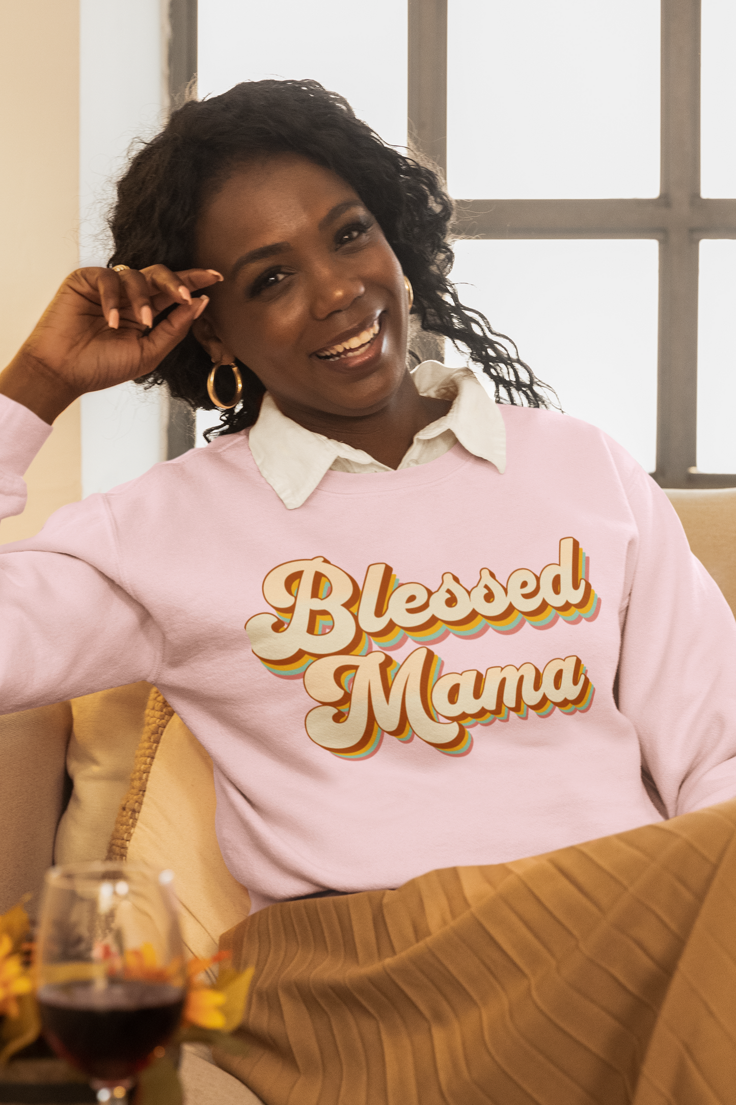 mom-wearing-blessed-mama-sweatshirt-pink