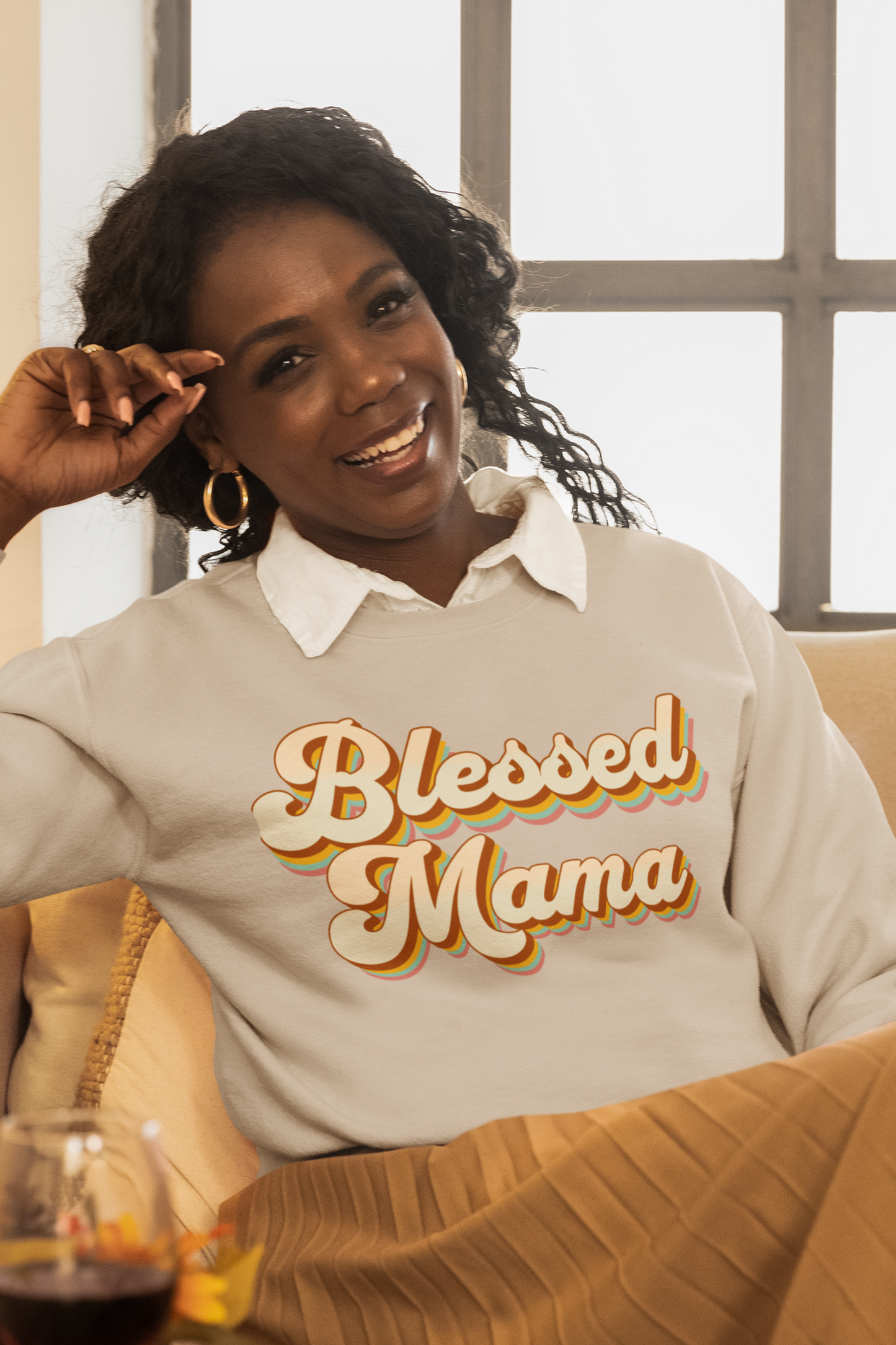 mom-wearing-blessed-mama-sweatshirt-sand