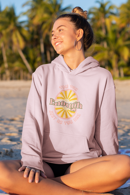 woman-in-beach-you-are-enough-floral-hoodie-pink