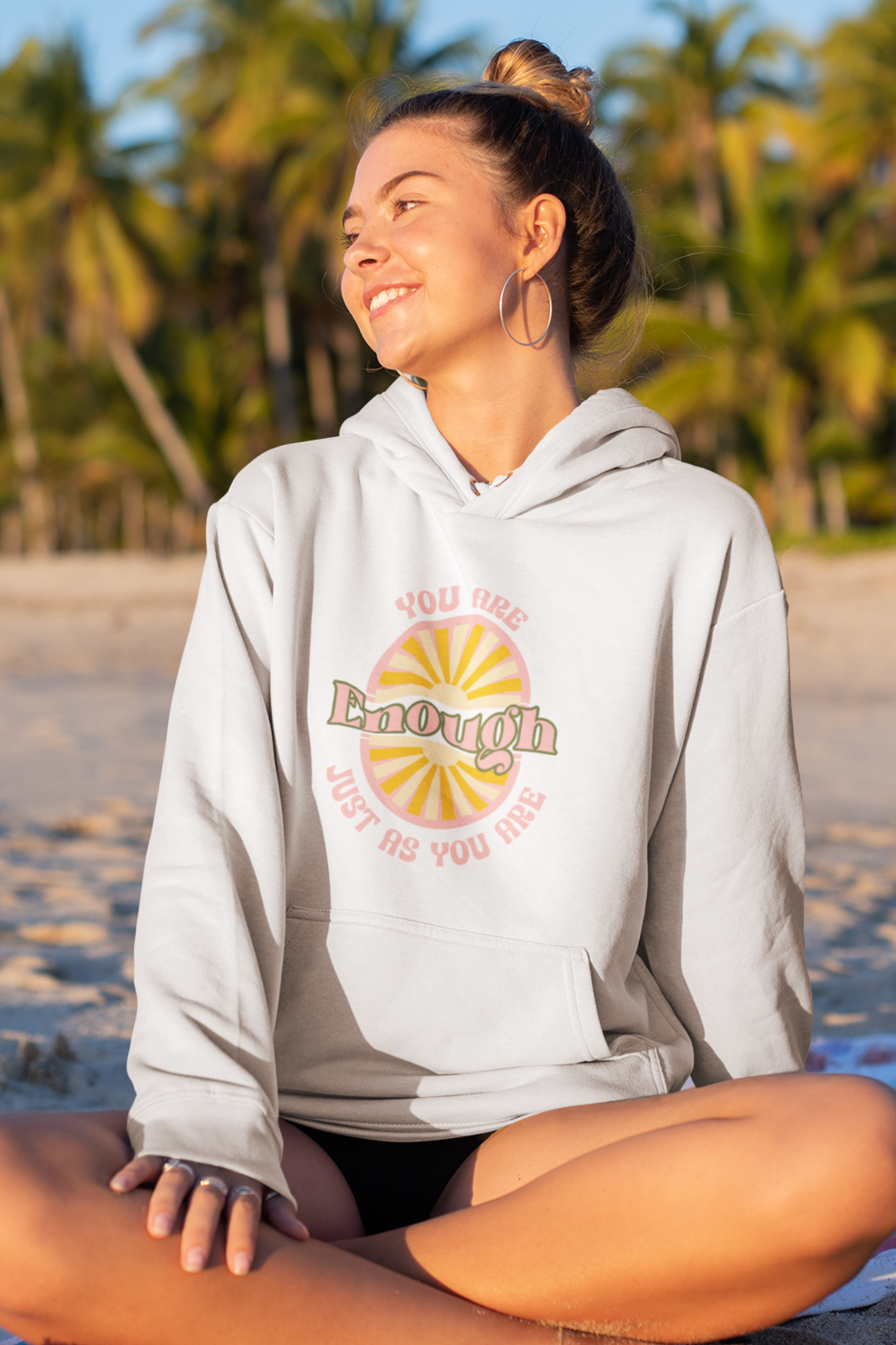 woman-in-beach-you-are-enough-floral-hoodie-white