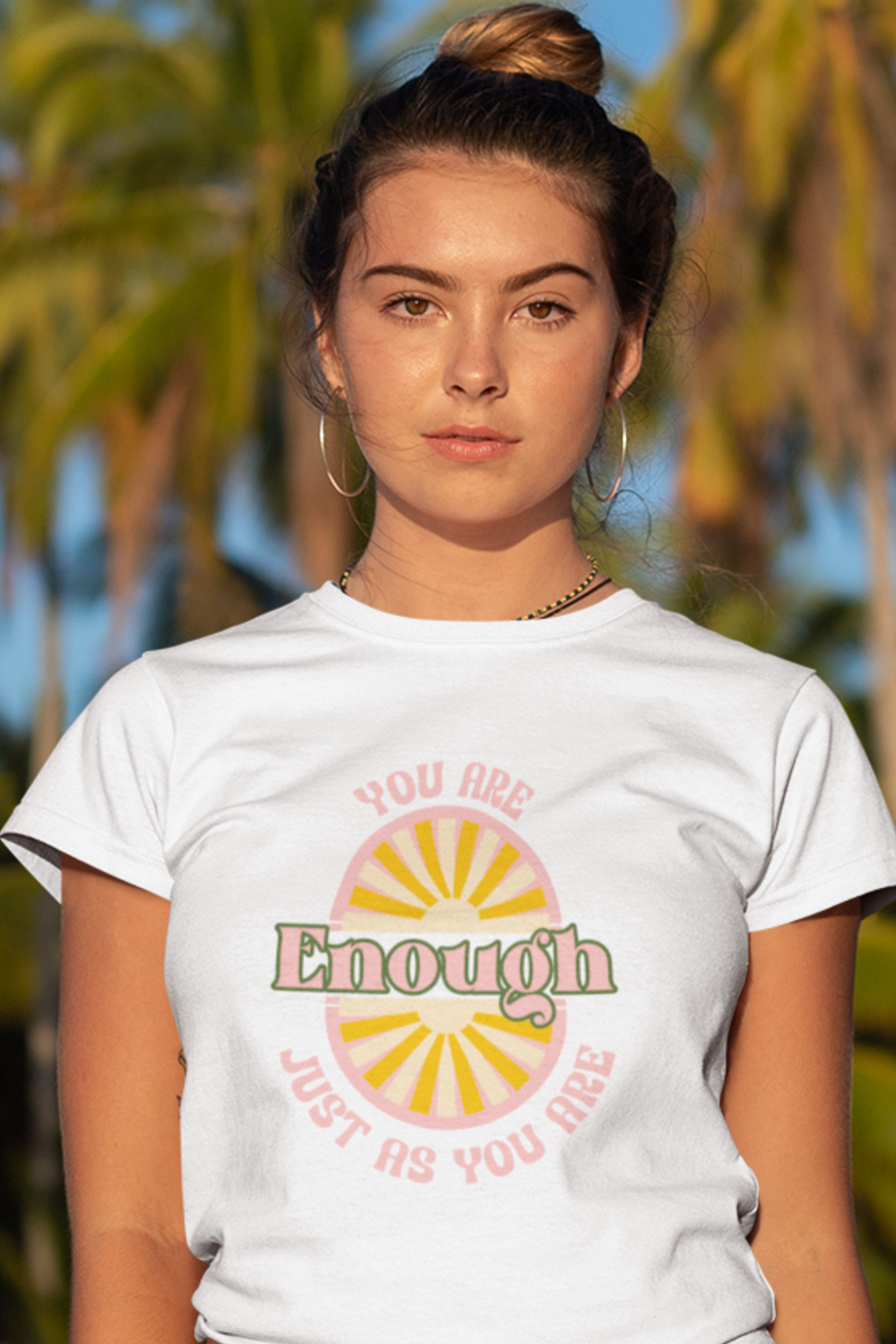 woman-in-beach-you-are-enough-floral-white-tee