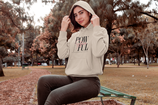 woman wearing women empowerement hoodie, color light brown