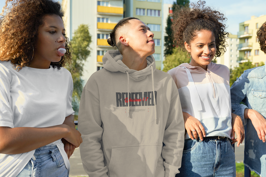 young man wearing a light brown christian hoodie hanging out with his friends