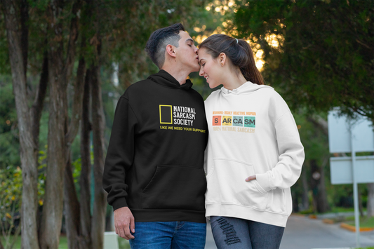 couple-wearing-sarcastic-humor-hoodies