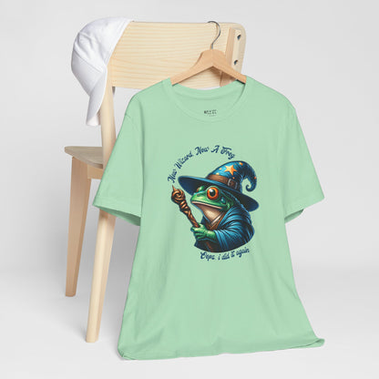 green-t-shirt-with-a-graphic-of-a-frog-in-a-wizard-hat.