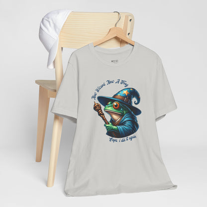silver-t-shirt-with-a-graphic-of-a-frog-in-a-wizard-hat.