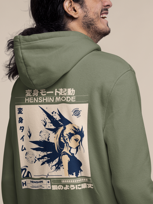 back-view-mockup-featuring-a-man-in-a-hoodie-with-anime-henshin-designs-military-green