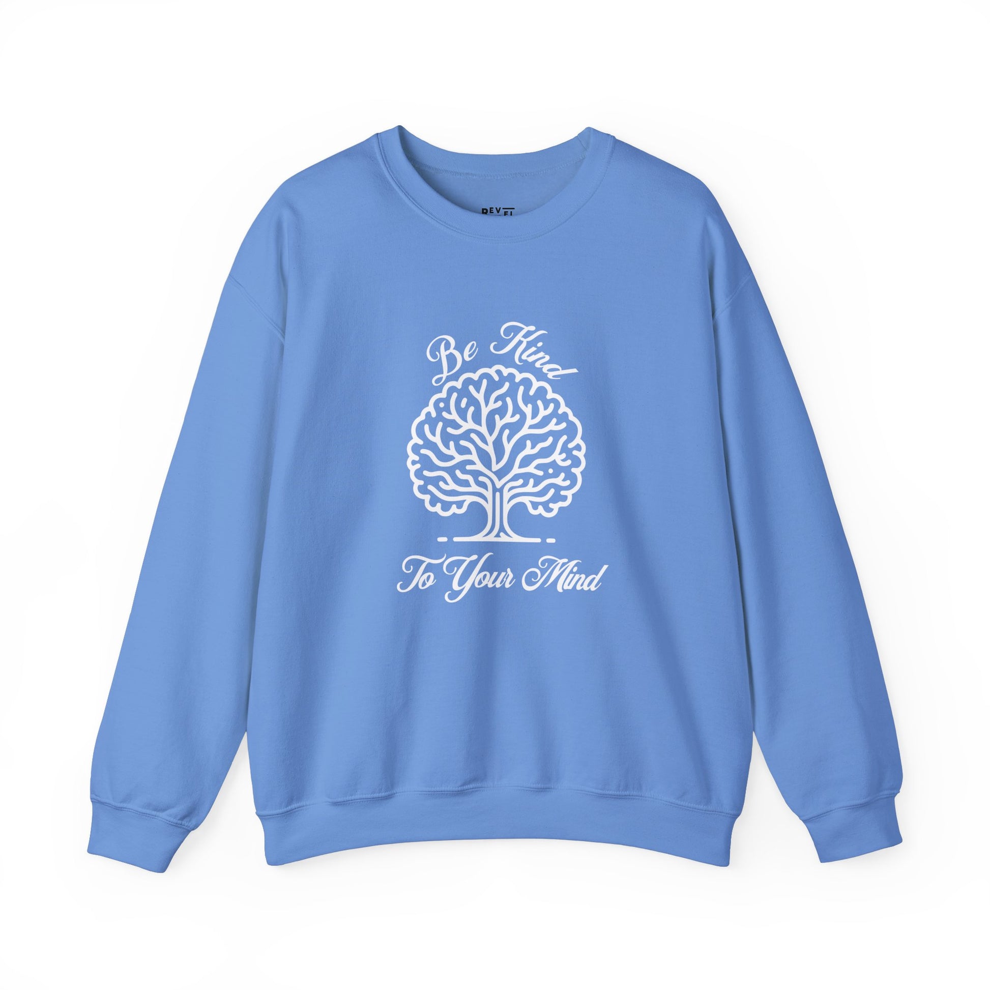 crewneck-sweatshirt-be-kind-to-your-mind-shirt-closeup-blue