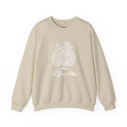 crewneck-sweatshirt-be-kind-to-your-mind-shirt-closeup-sand