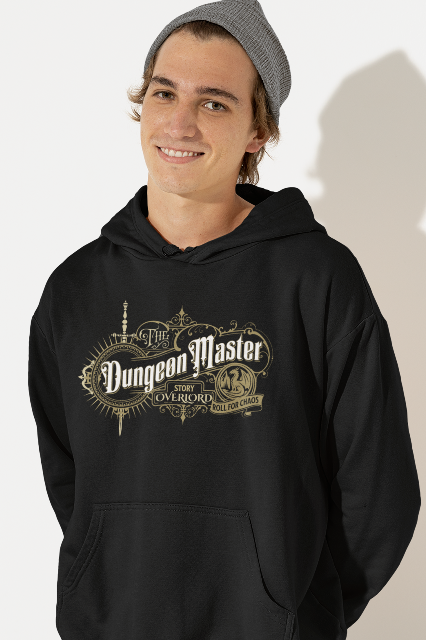 Person-wearing-a-hoodie-with-The Dungeon Master-logo-on-a-plain-background-color-black