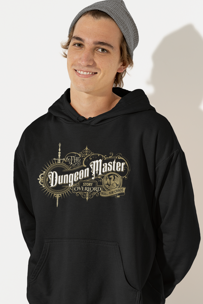 Person-wearing-a-hoodie-with-The Dungeon Master-logo-on-a-plain-background-color-black
