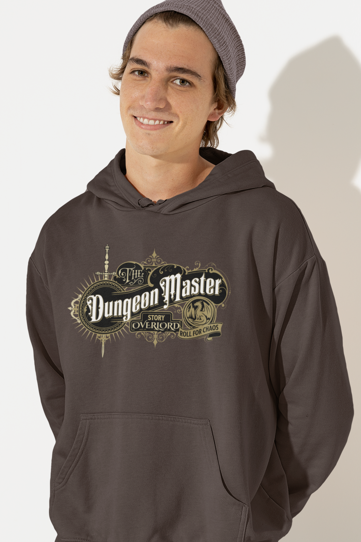 Person-wearing-a-hoodie-with-The Dungeon Master-logo-on-a-plain-background-color-brown