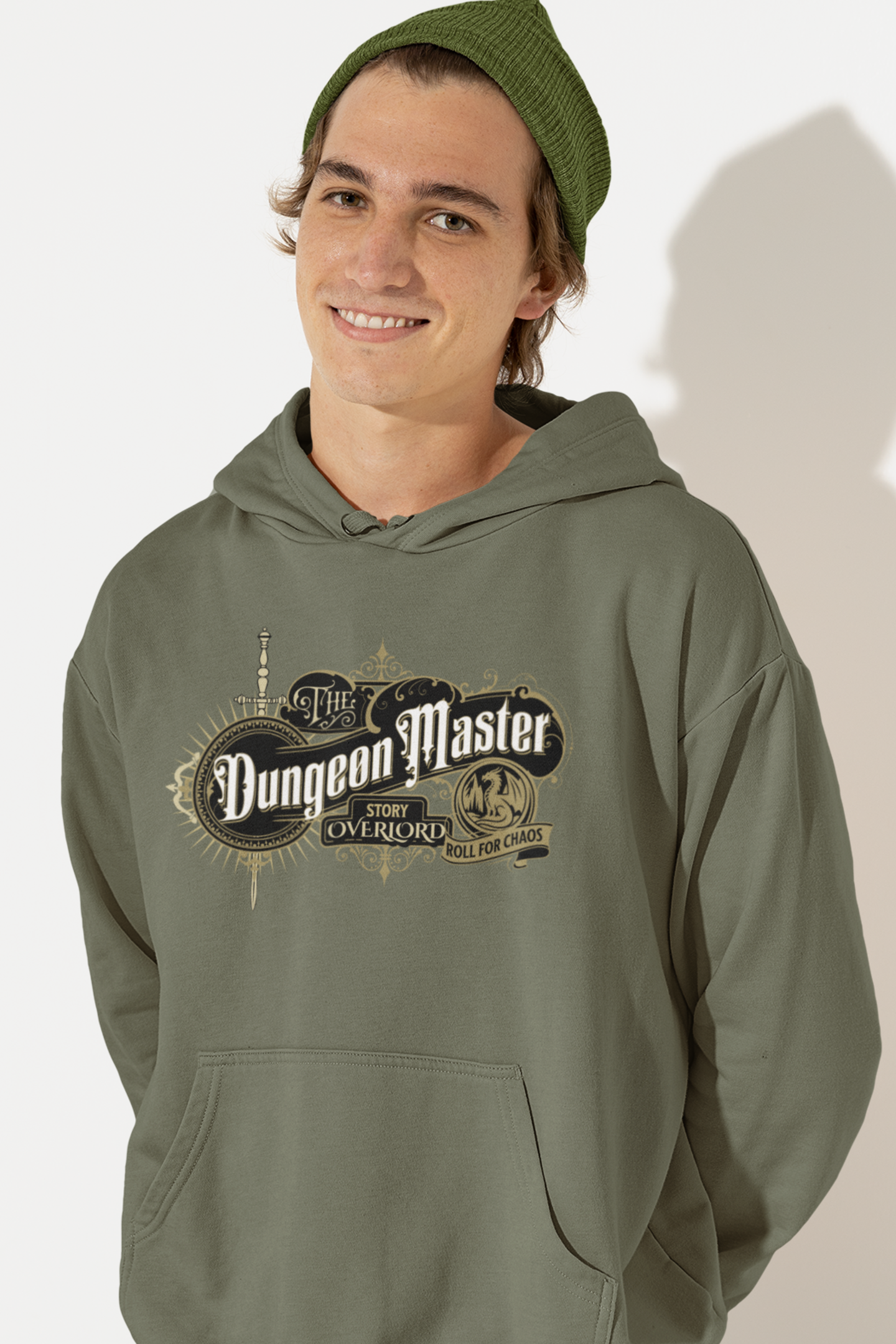 Person-wearing-a-hoodie-with-The Dungeon Master-logo-on-a-plain-background-color-green