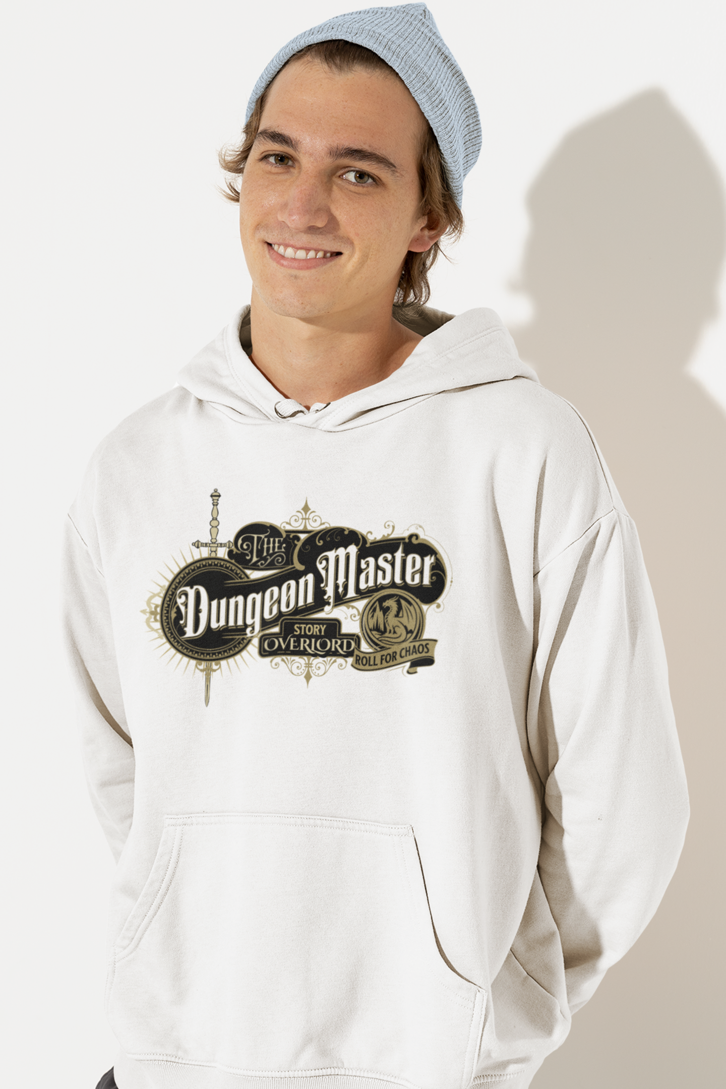 Person-wearing-a-hoodie-with-The Dungeon Master-logo-on-a-plain-background-color-white