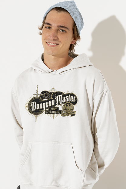 Person-wearing-a-hoodie-with-The Dungeon Master-logo-on-a-plain-background-color-white