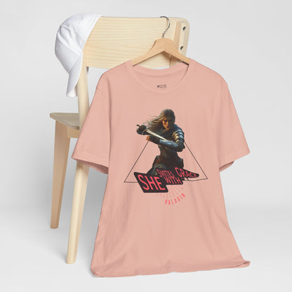 peach-t-shirt-with-female-paladin-graphic-design