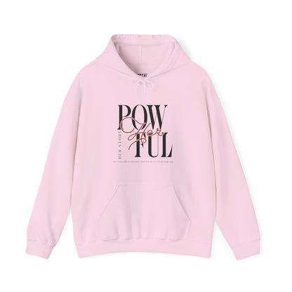 front-of-woman-hoodie-pow-herful-her-story-closeup-pink