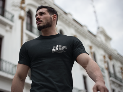 person-wearing-t-shirt-front-of-tee-that-says-self-made-hustle-built-legacy-bound-color-black