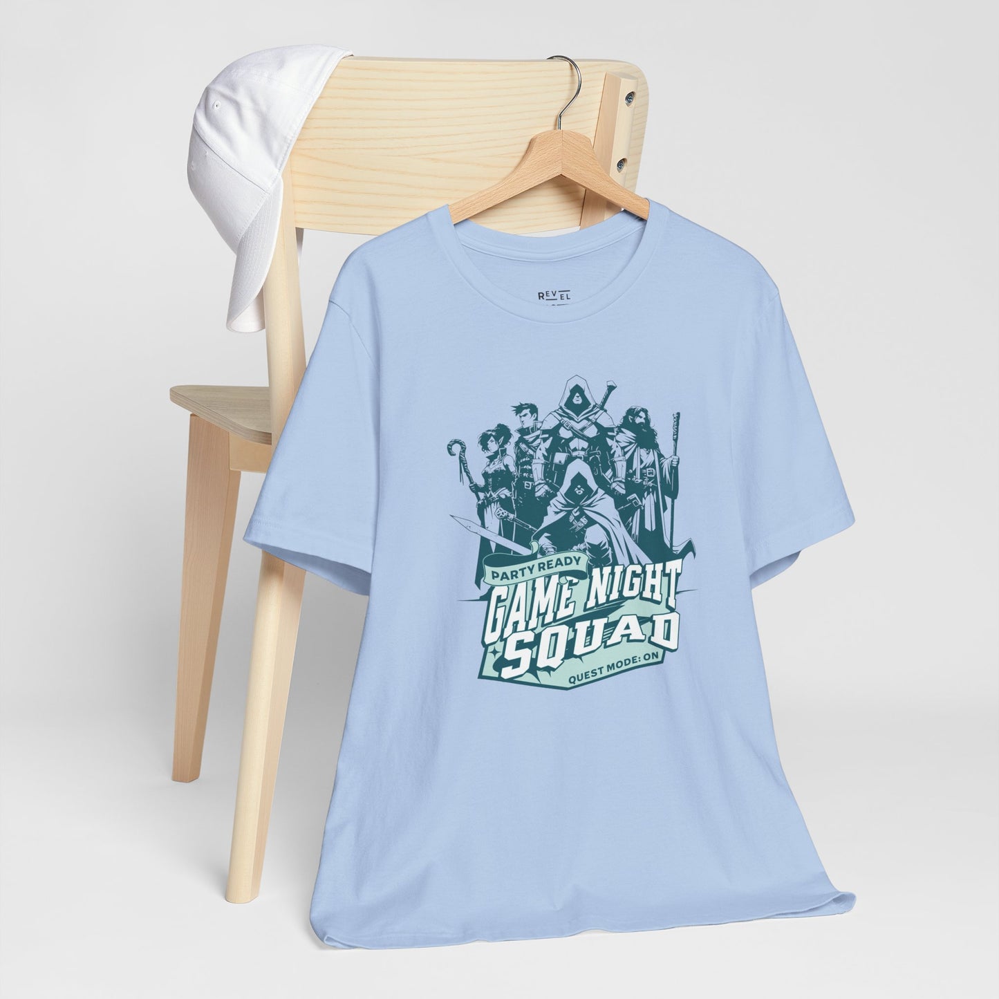 blue-t-shirt-with-'Game Night Squad'-graphic-tabletop-rpg-tee