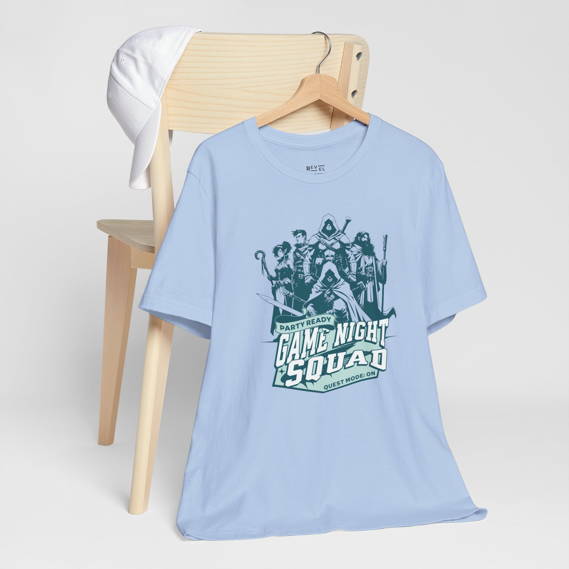 blue-t-shirt-with-'Game Night Squad'-graphic-tabletop-rpg-tee