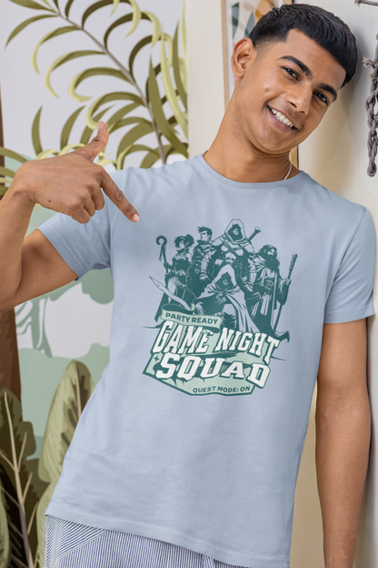 Person-wearing-a-t-shirt-with-'Game-Night-Squad'-graphic-design-color-blue