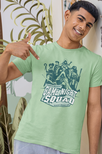 Person-wearing-a-t-shirt-with-'Game-Night-Squad'-graphic-design-color-mint