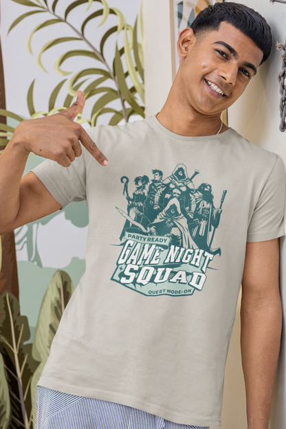 Person-wearing-a-t-shirt-with-'Game-Night-Squad'-graphic-design-color-silver