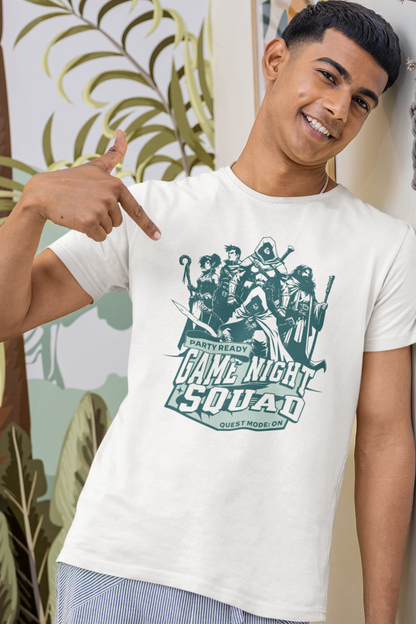 Person-wearing-a-t-shirt-with-'Game-Night-Squad'-graphic-design-color-white