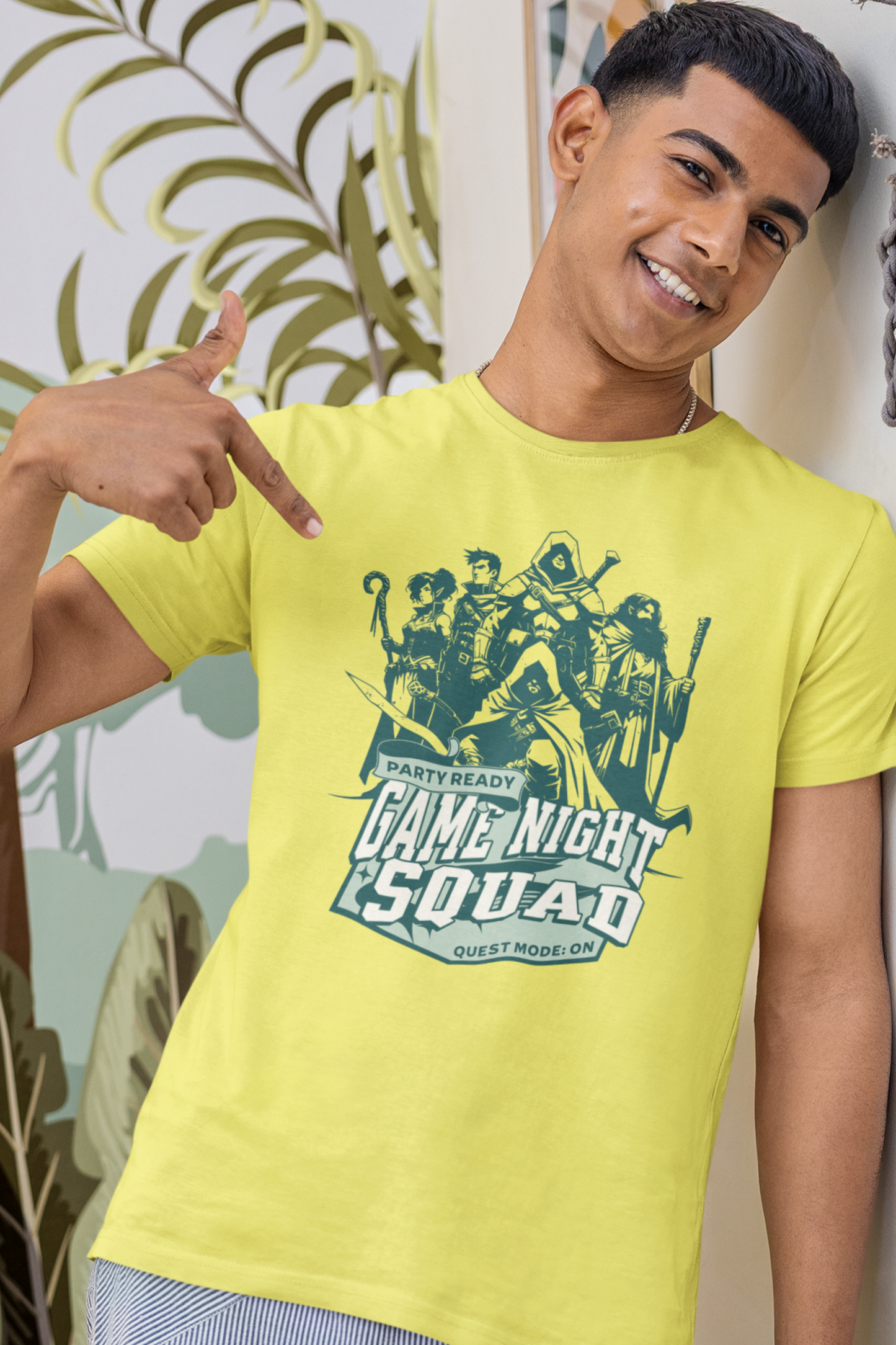 Person-wearing-a-t-shirt-with-'Game-Night-Squad'-graphic-design-color-yellow