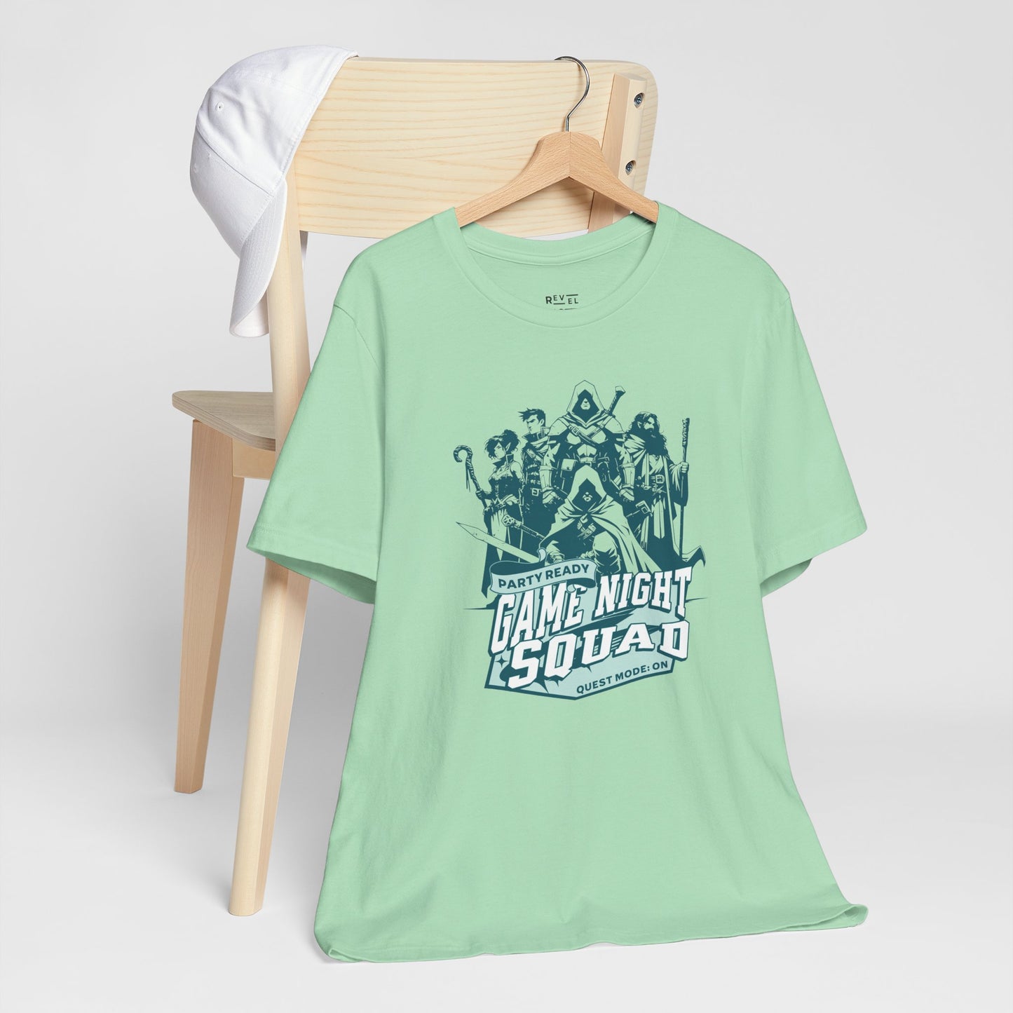 Light-green-t-shirt-with-'Game Night Squad'-graphic-tabletop-rpg-tee