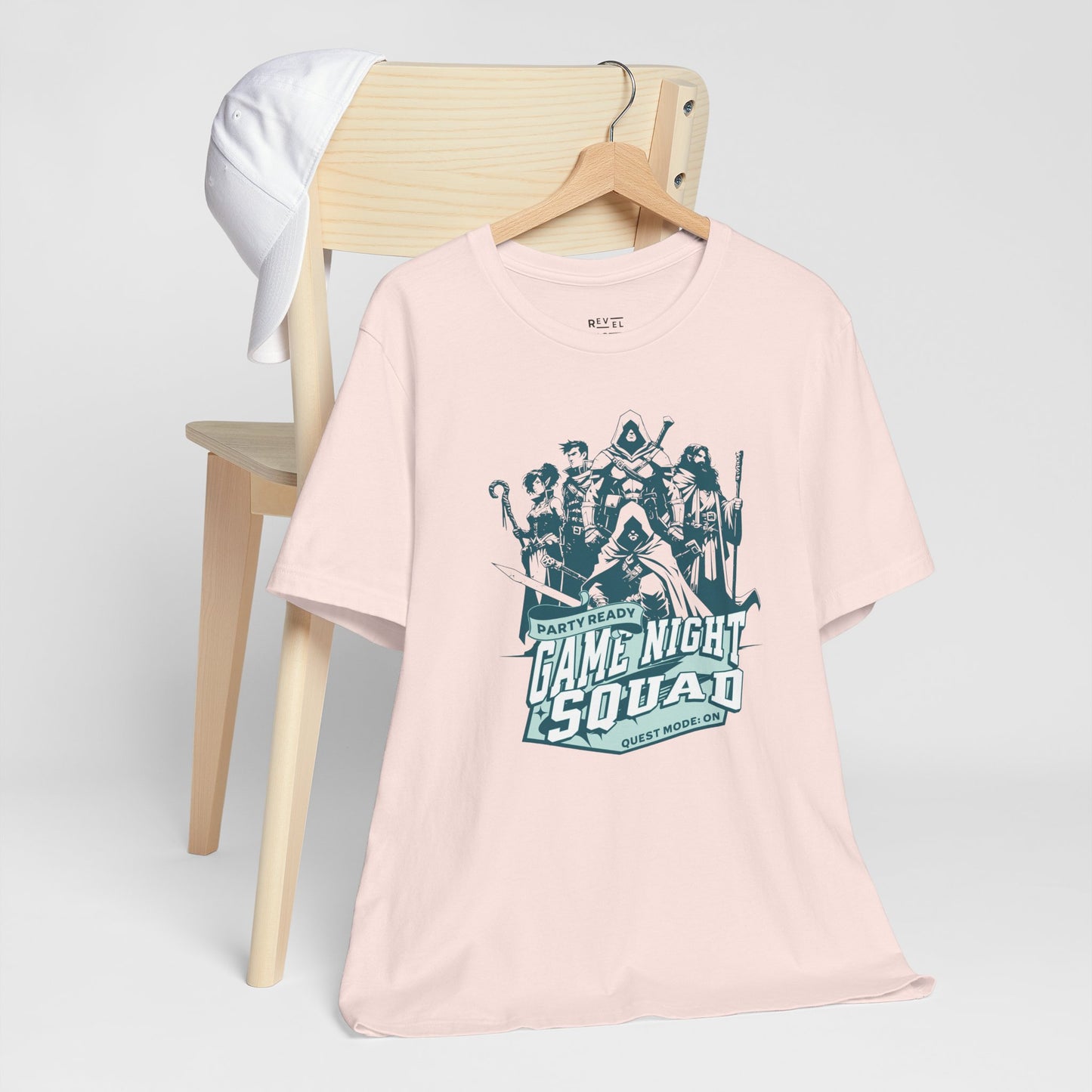 soft_pink-t-shirt-with-'Game Night Squad'-graphic-tabletop-rpg-tee