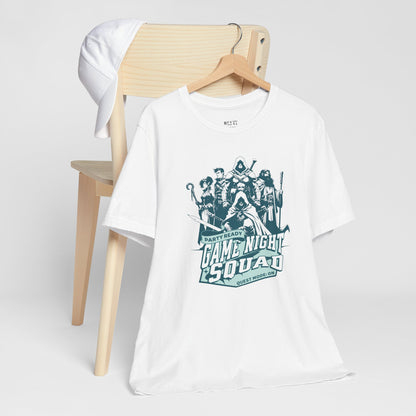 white-t-shirt-with-'Game Night Squad'-graphic-tabletop-rpg-tee