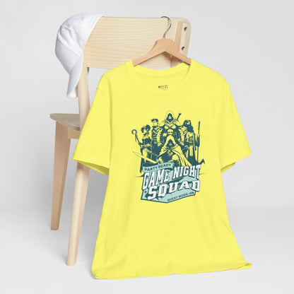 yellow-t-shirt-with-'Game Night Squad'-graphic-tabletop-rpg-tee