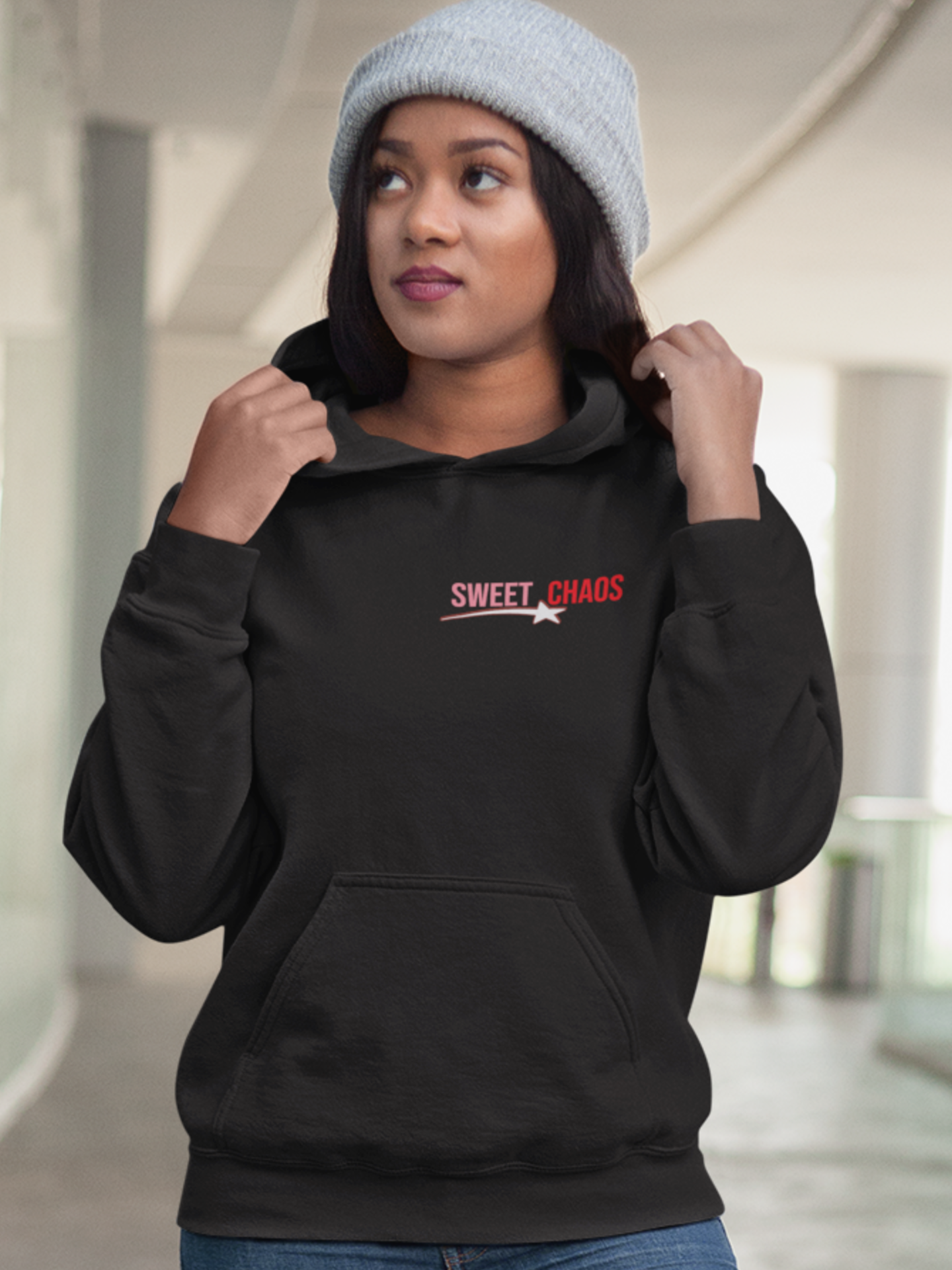 woman-wearing-sassy-girl-sweet-chaos-graphics-front-hoodie-color-black