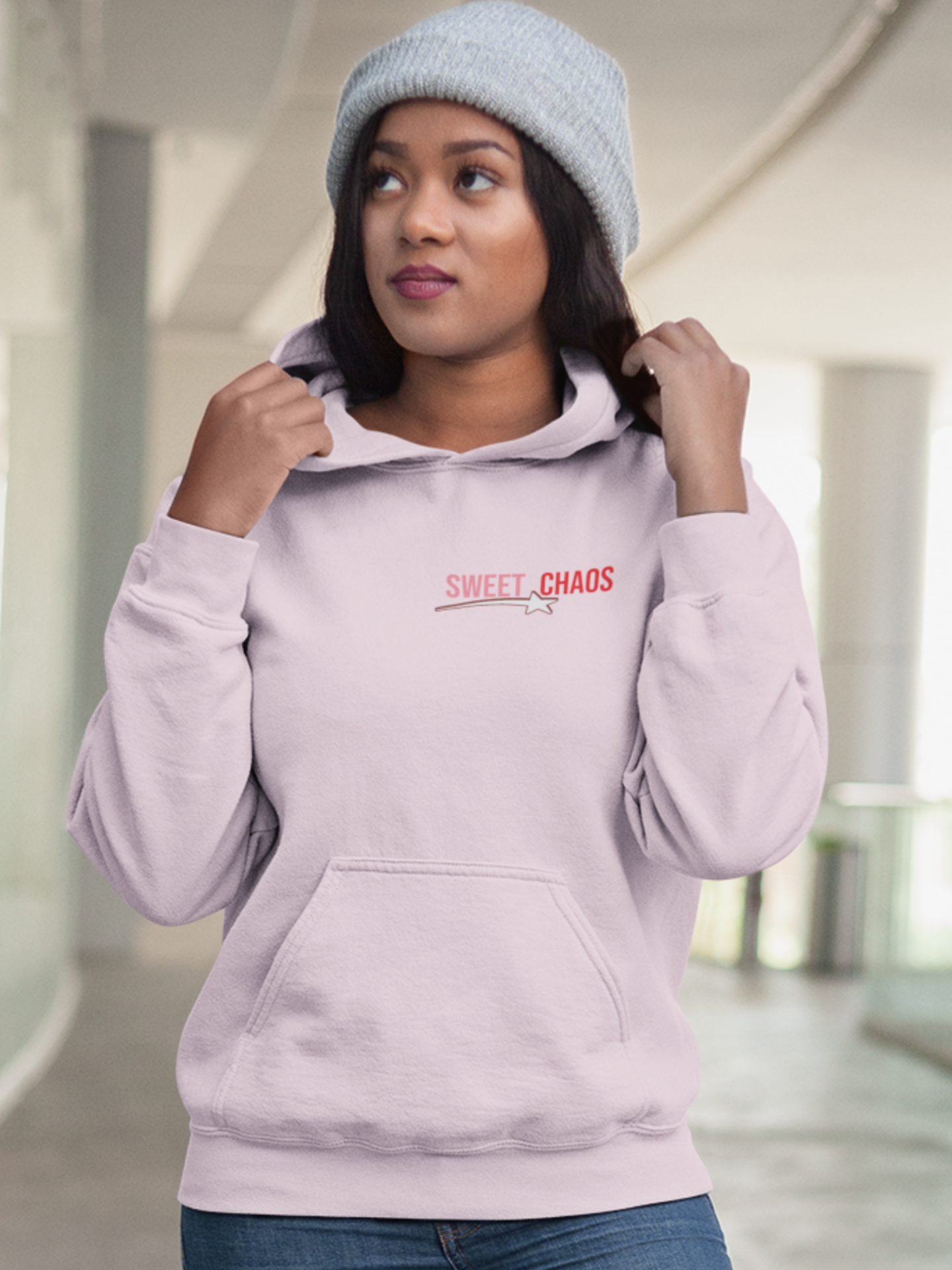 woman-wearing-sassy-girl-sweet-chaos-graphics-front-hoodie-color-pink