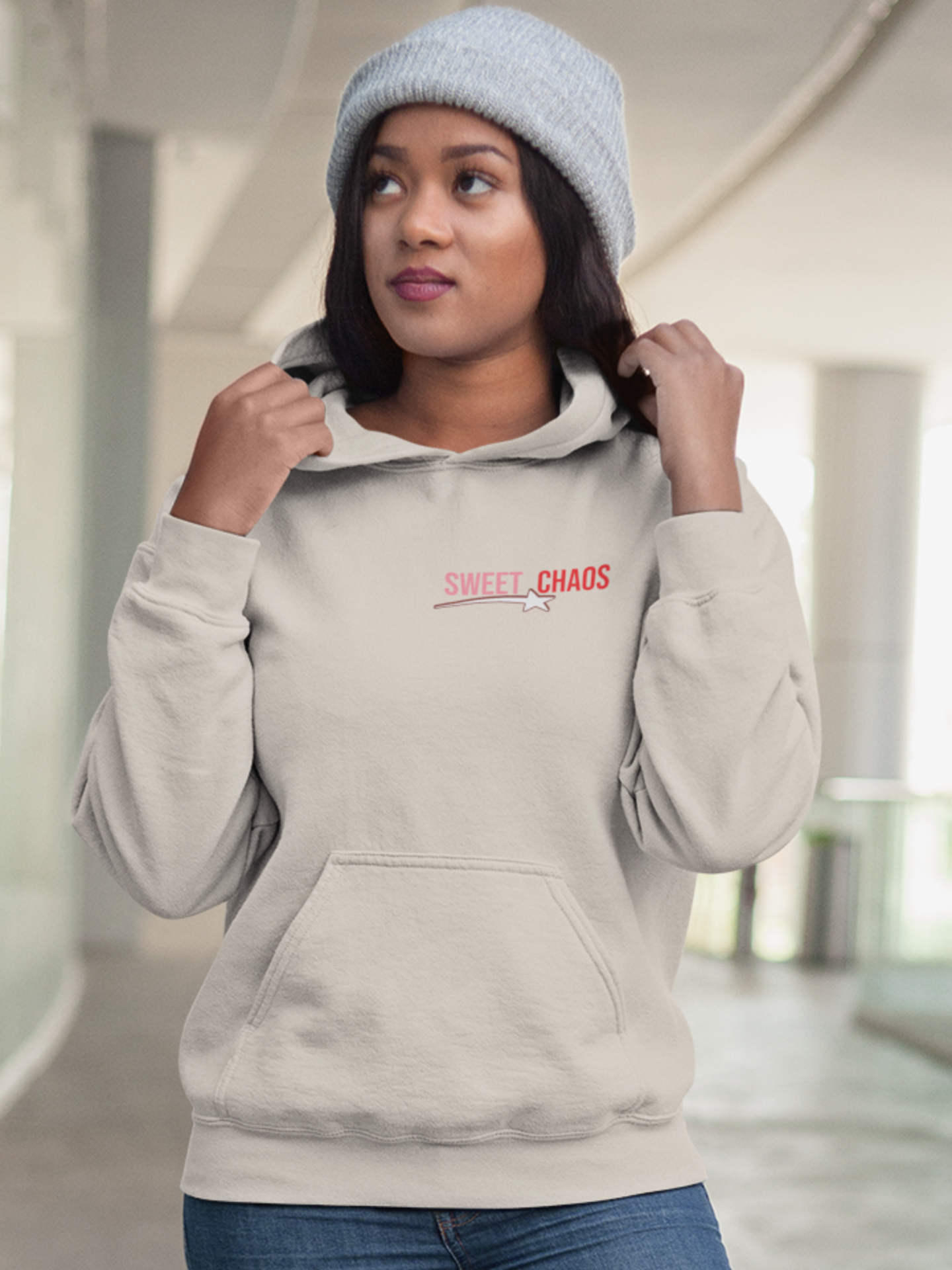 woman-wearing-sassy-girl-sweet-chaos-graphics-front-hoodie-color-sand