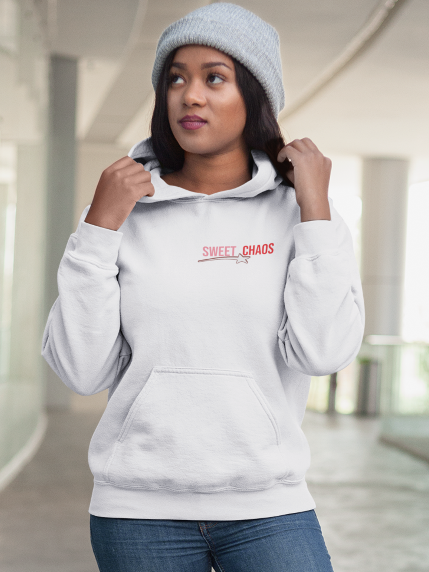 woman-wearing-sassy-girl-sweet-chaos-graphics-front-hoodie-color-white